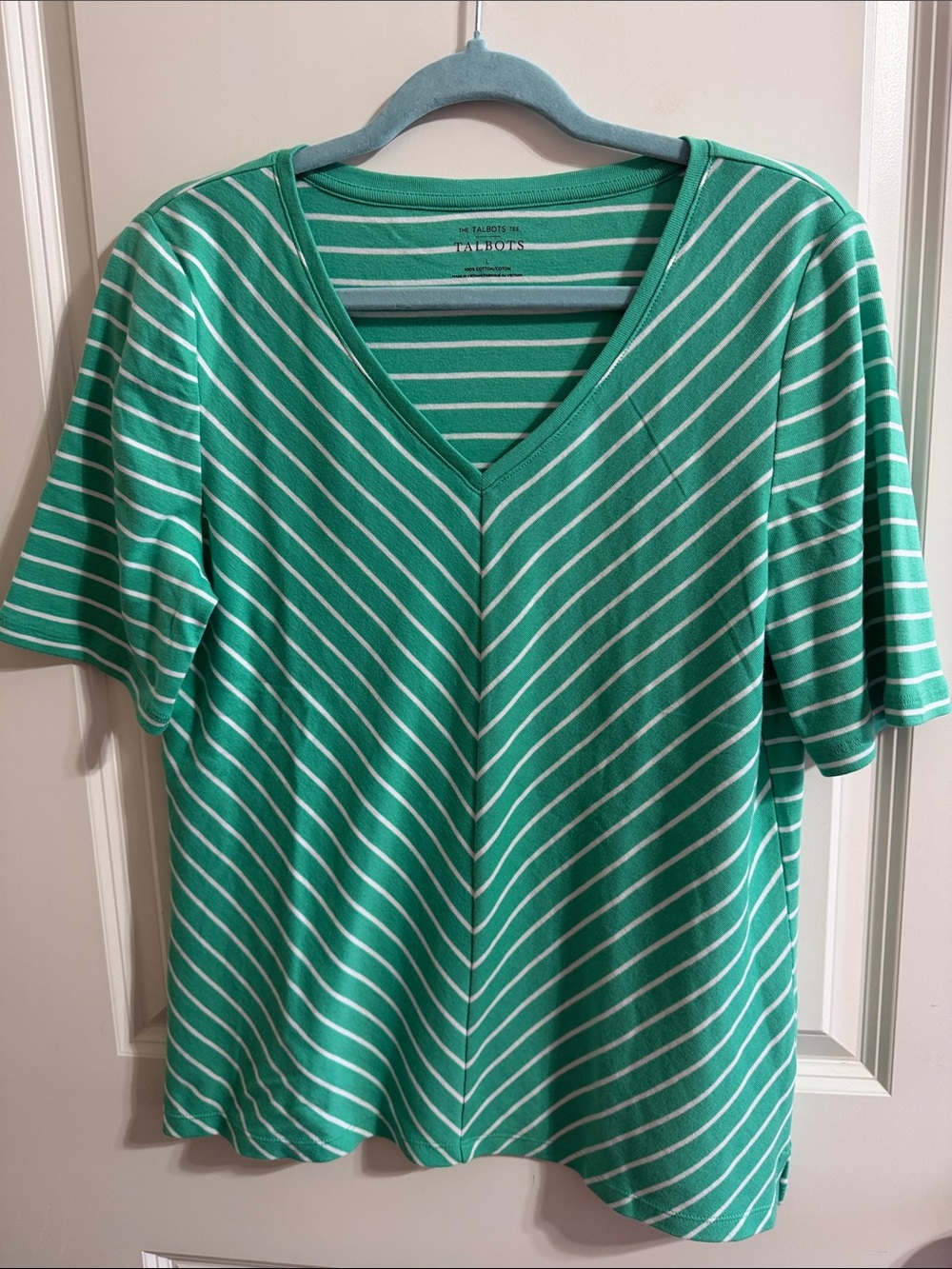 The Talbots Tee Green and White V-Neck Striped Short Sleeve Tee size small